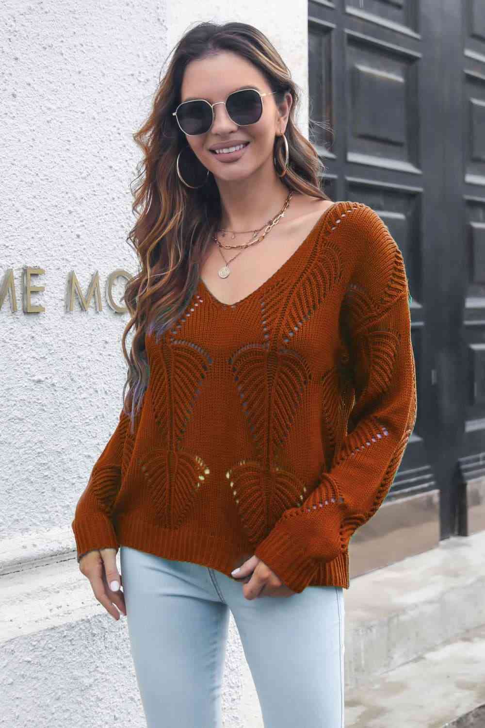 Openwork V-Neck Dropped Shoulder Sweater - Deals DejaVu