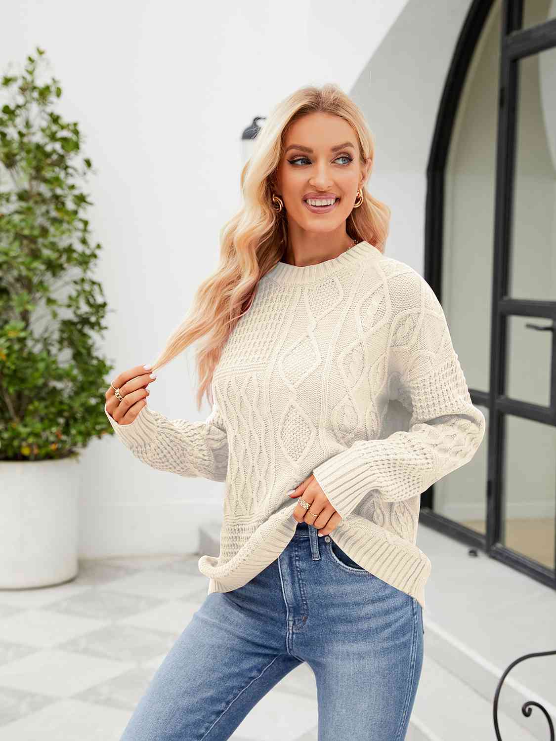 Round Neck Dropped Shoulder Sweater - Deals DejaVu