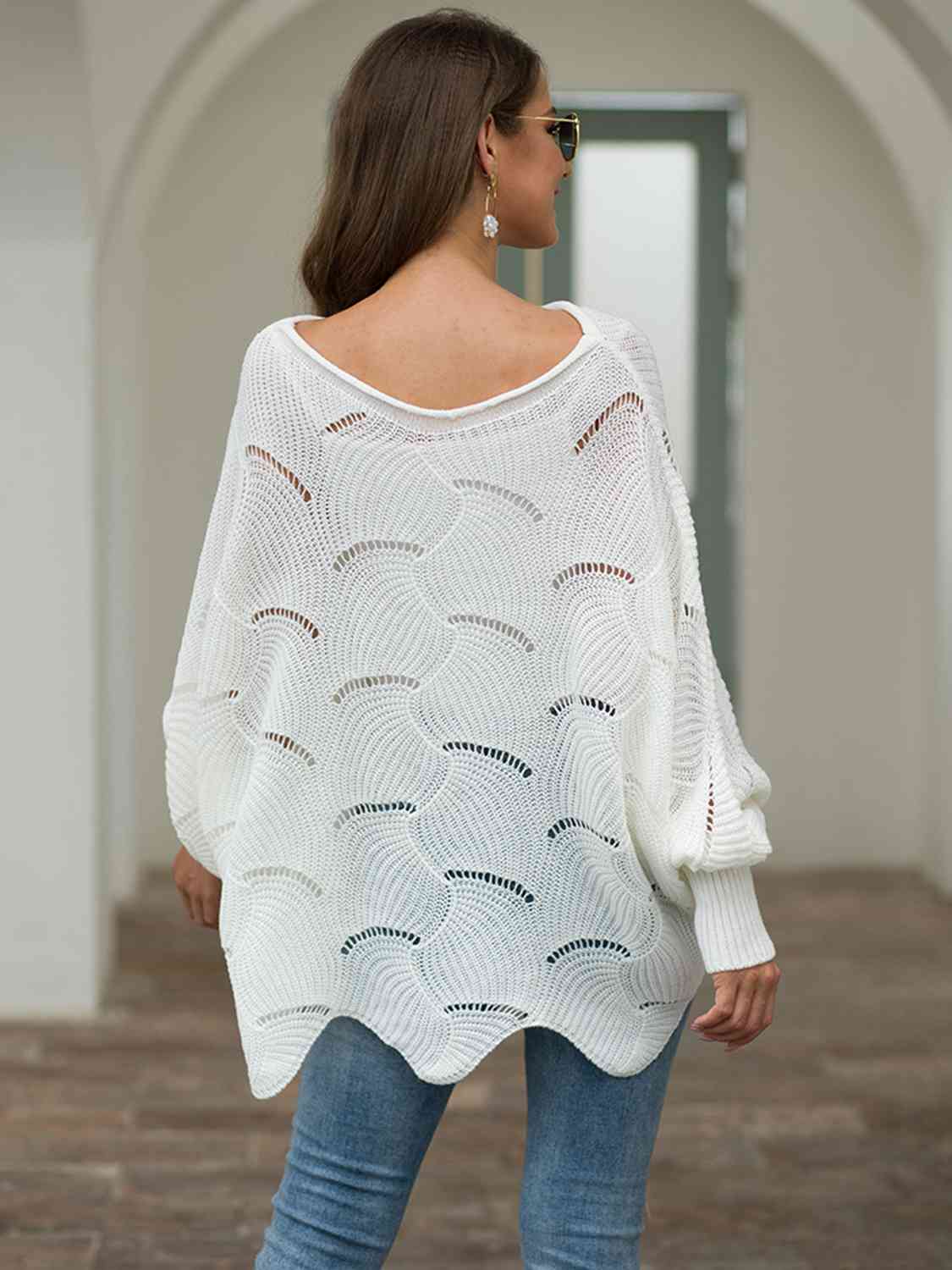 Full Size Boat Neck Lantern Sleeve Openwork Knit Top - Deals DejaVu