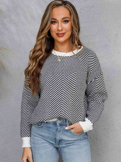 Chevron Ribbed Trim Dropped Shoulder Knit Pullover