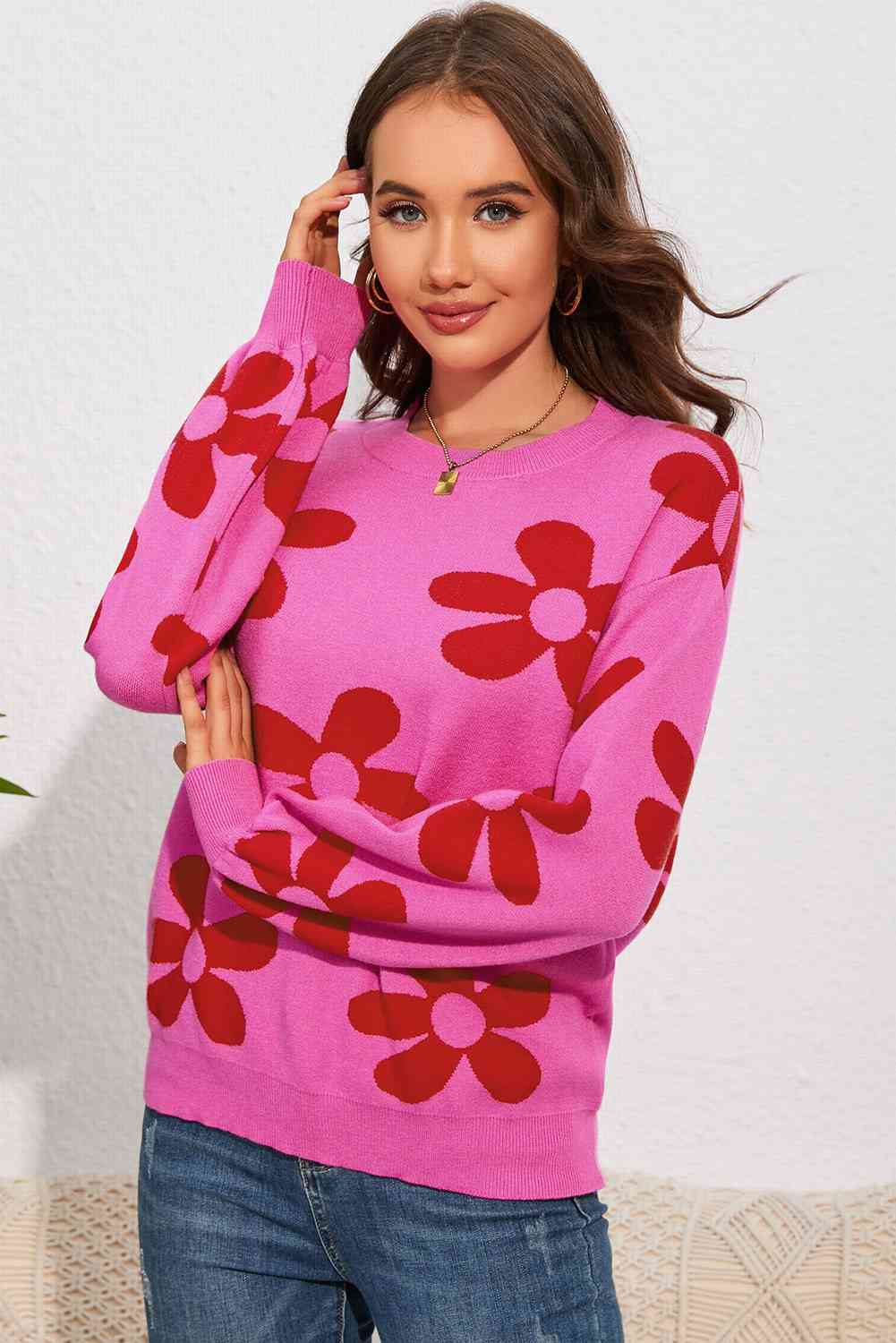 Floral Print Round Neck Dropped Shoulder Sweater - Deals DejaVu