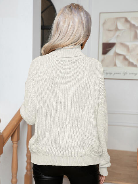 Turtleneck Cable-Knit Long Sleeve Sweater - Deals DejaVu