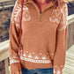 Zip-Up Mock Neck Dropped Shoulder Pullover Sweater