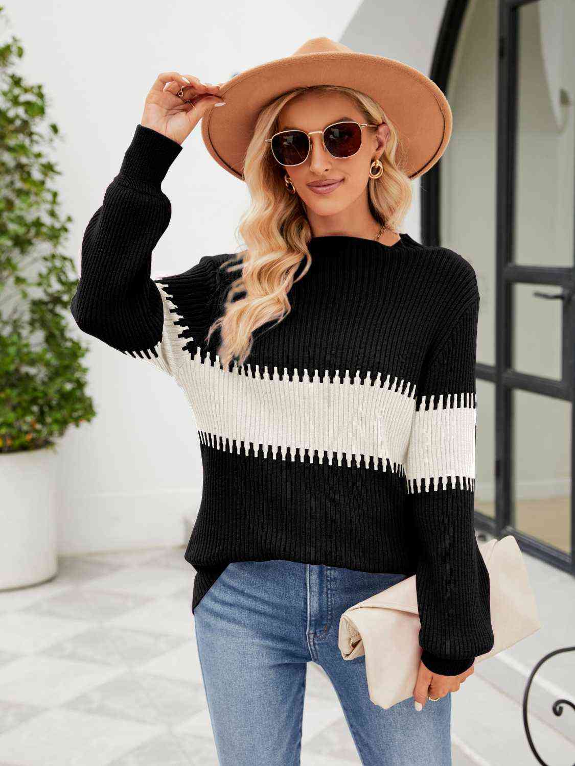 Contrast Round Neck Sweater - Deals DejaVu