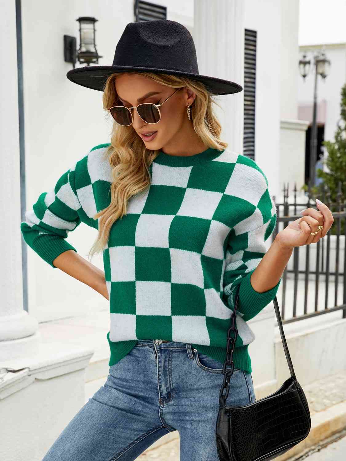 Checkered Round Neck Sweater - Deals DejaVu