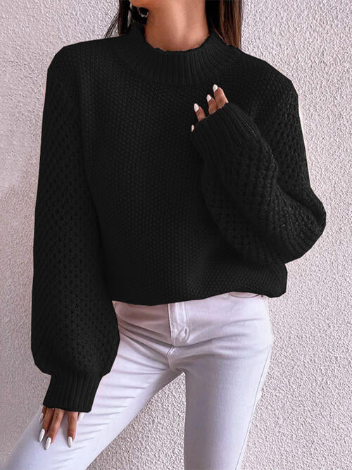 Openwork Mock Neck Long Sleeve Sweater - Deals DejaVu