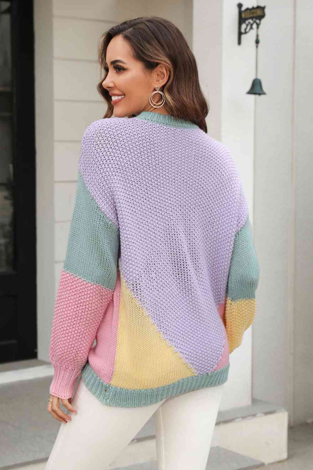 Double Take Color Block Round Neck Drop Shoulder Sweater - Deals DejaVu