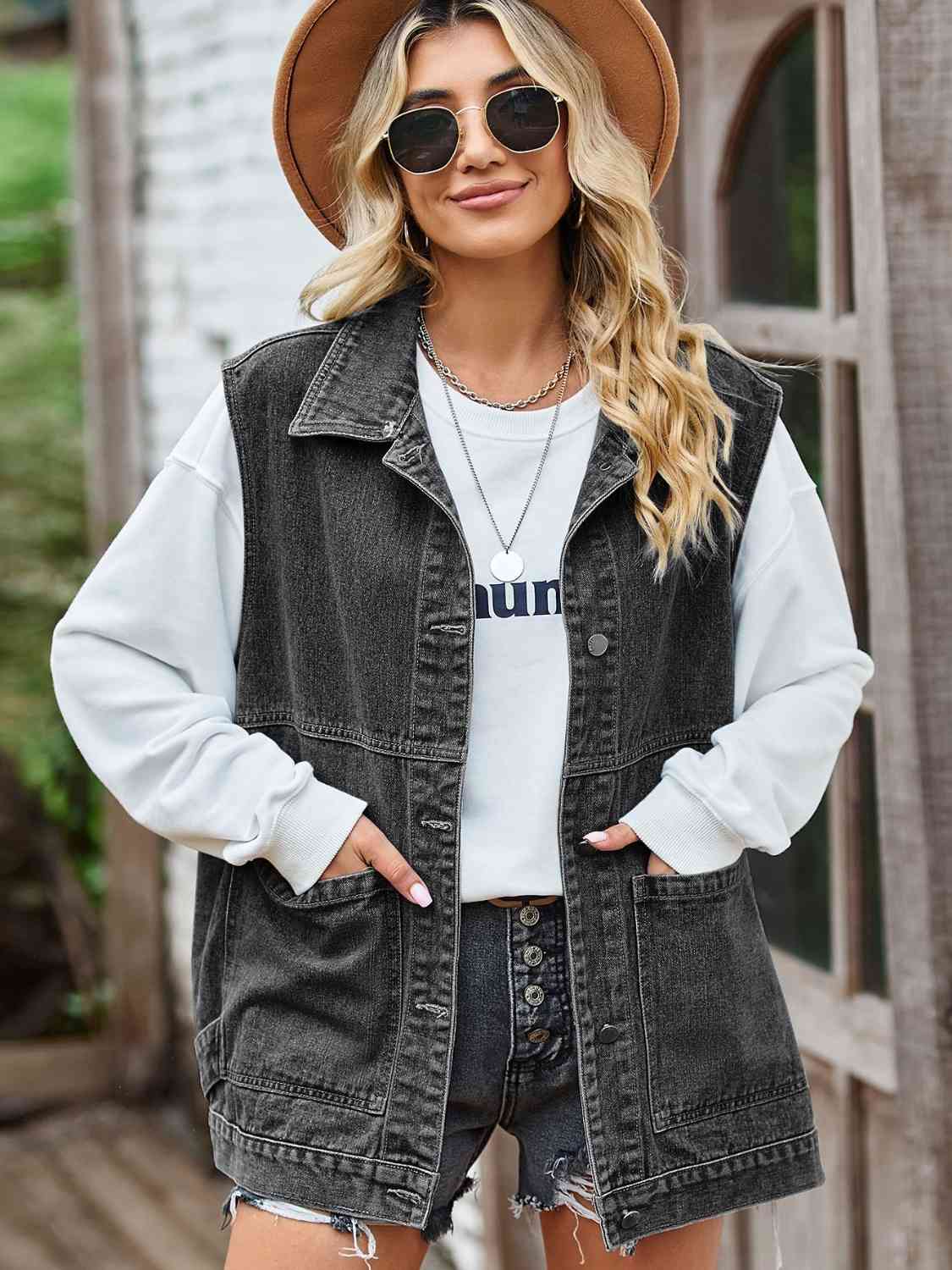 Button Front Sleeveless Denim Jacket - Deals DejaVu