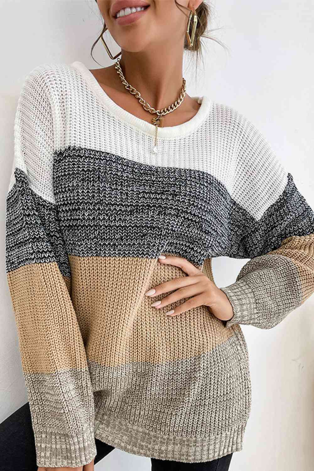 Striped Round Neck Long Sleeve Sweater - Deals DejaVu