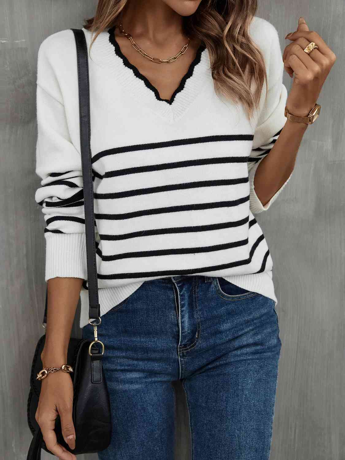 Striped V-Neck Drop Shoulder Sweater - Deals DejaVu
