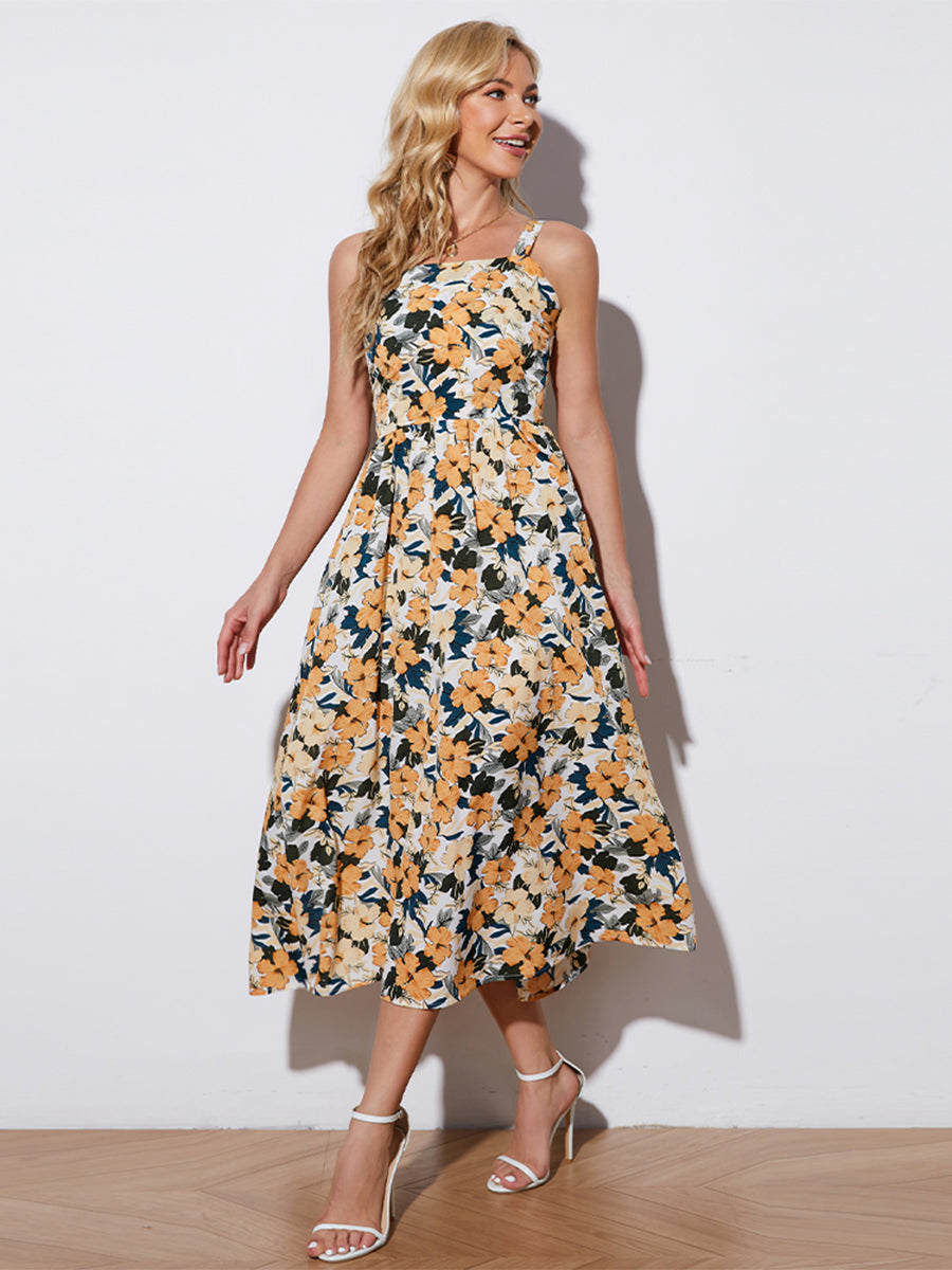 Floral Tie-Back Sleeveless Midi Dress (BWD)(WS06)T - Deals DejaVu