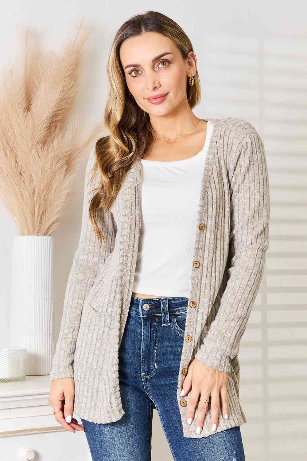 Double Take Ribbed Button-Up Cardigan with Pockets (BFD) T - Deals DejaVu