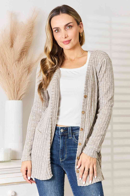 Double Take Ribbed Button-Up Cardigan with Pockets (BFD) T - Deals DejaVu