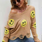 Smiley Face Distressed Round Neck Sweater - Deals DejaVu