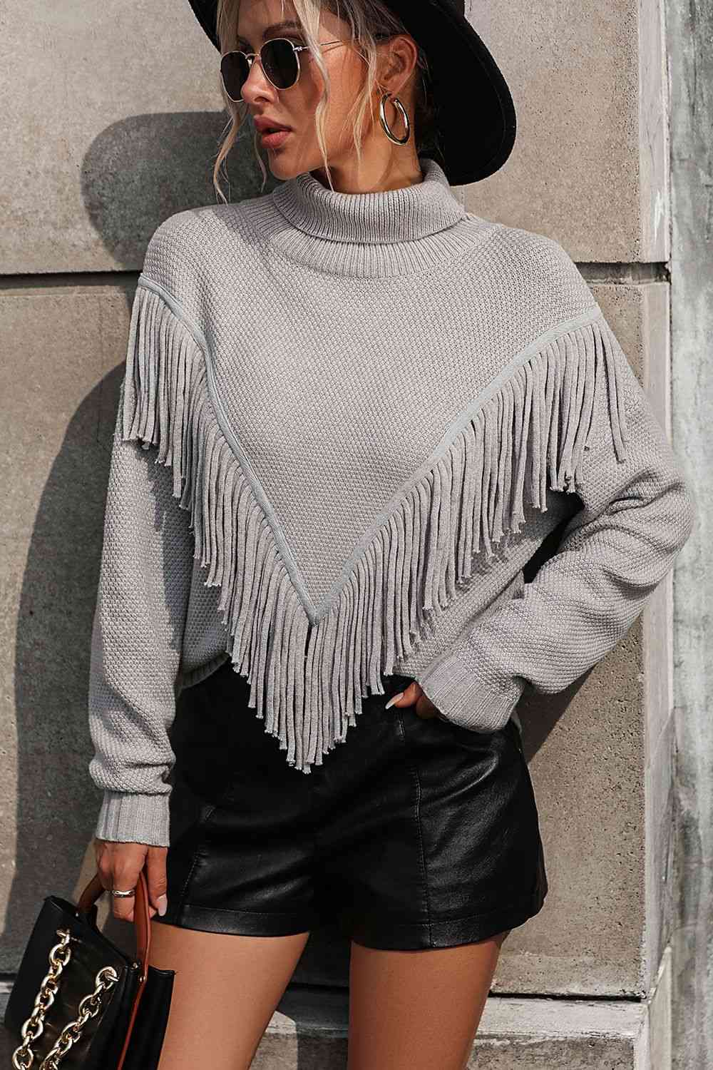 Turtle Neck Tassel Front Long Sleeve Pullover Sweater - Deals DejaVu