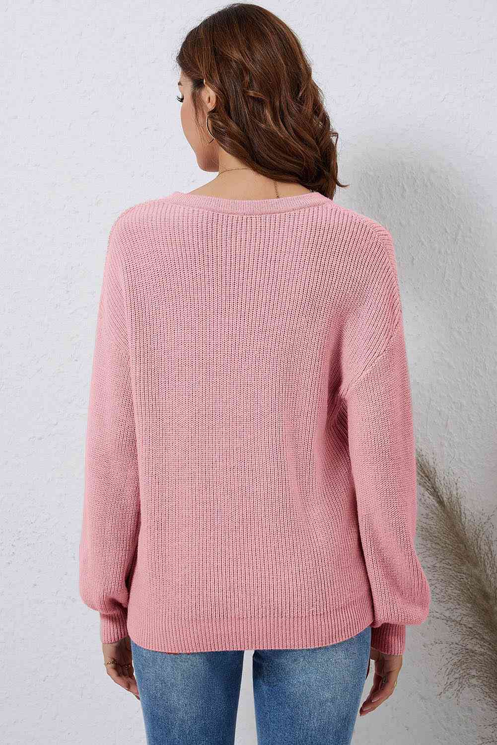 V-Neck Ribbed Dropped Shoulder Sweater - Deals DejaVu