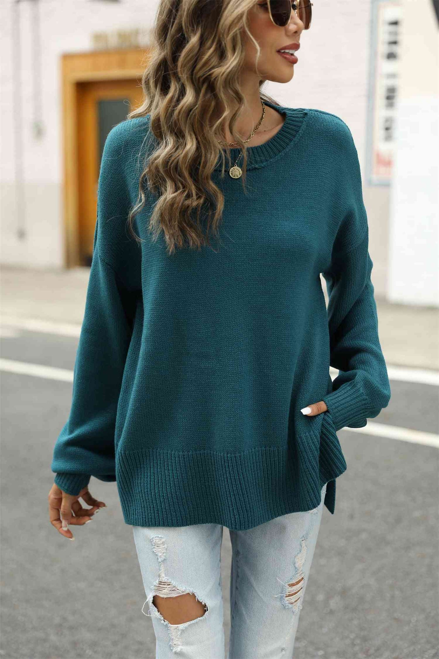 Round Neck Dropped Shoulder Slit Sweater - Deals DejaVu