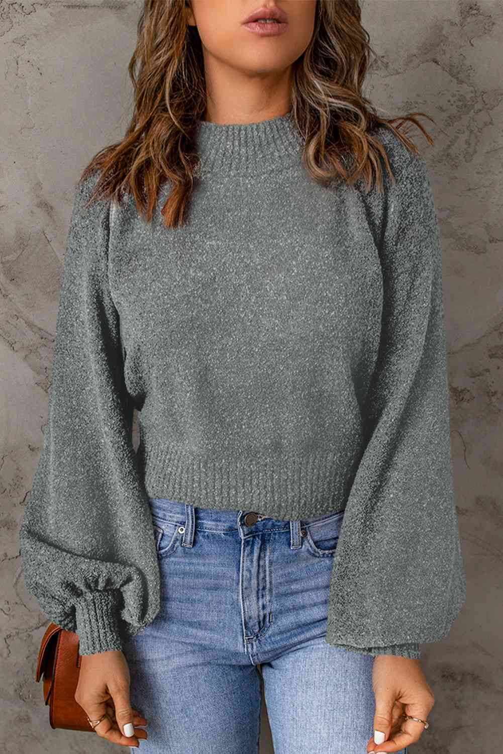 Ribbed Trim Balloon Sleeve Sweater - Deals DejaVu