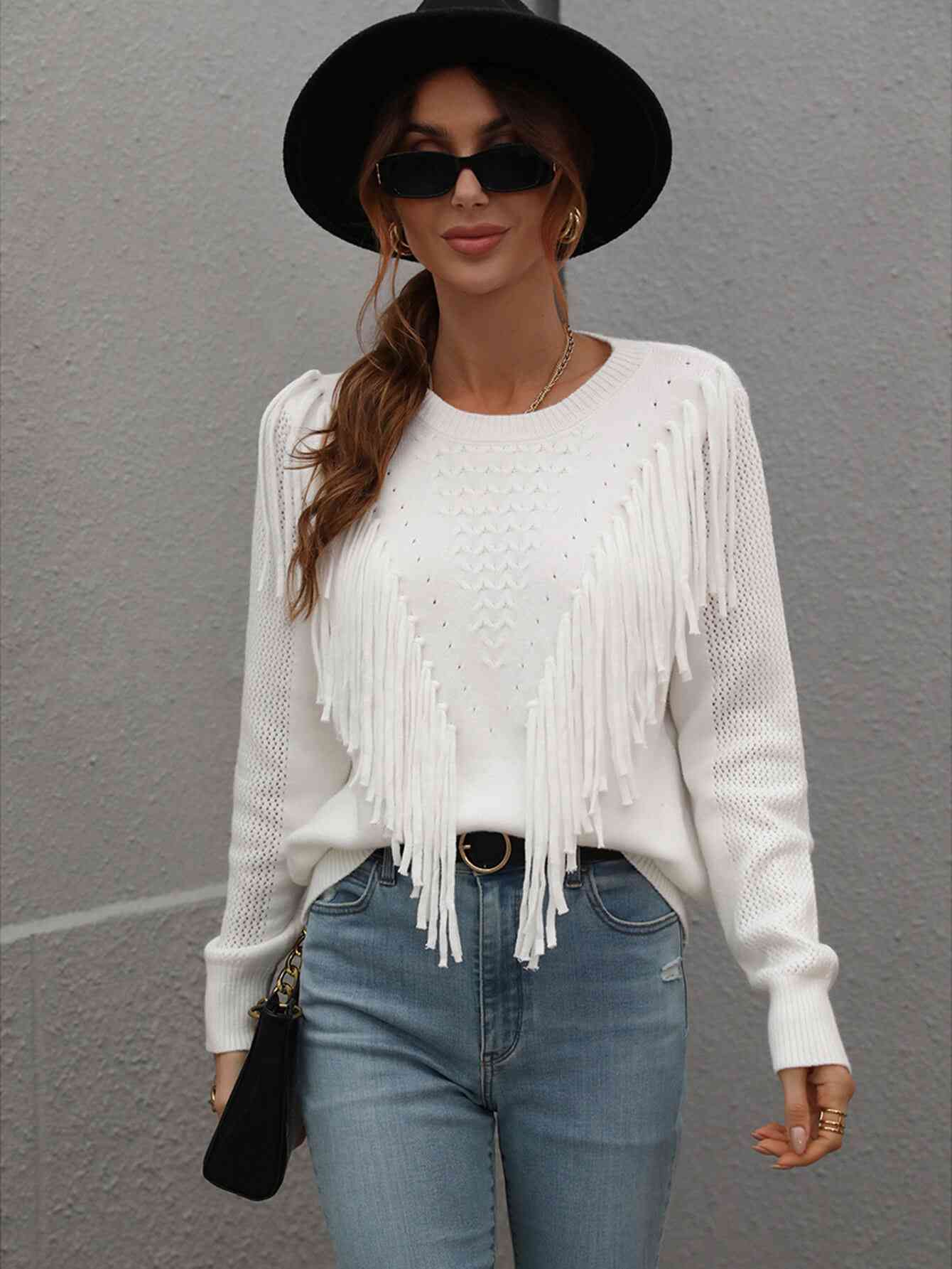 Double Take Fringe Detail Ribbed Trim Sweater - Deals DejaVu