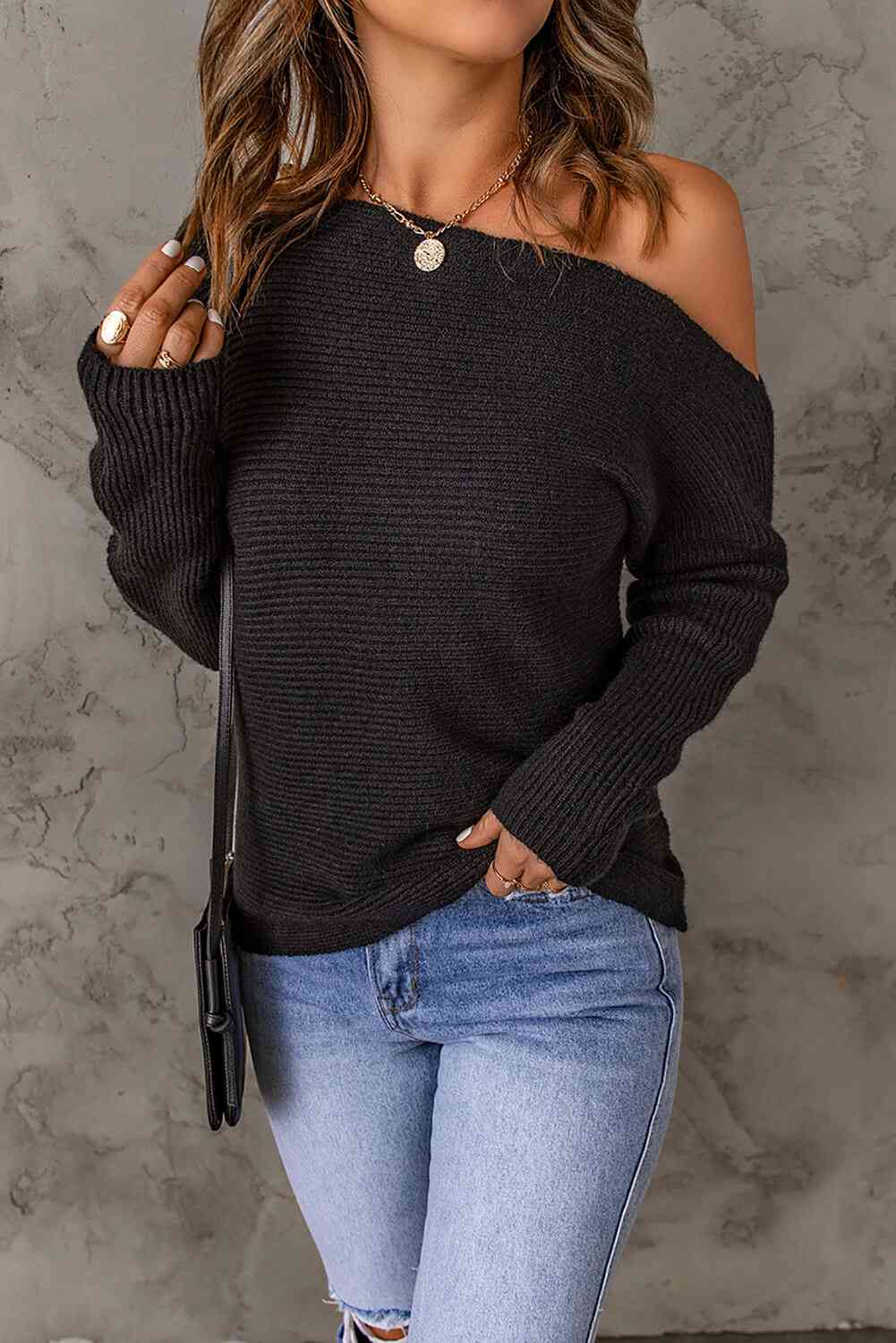 Double Take Horizontal Ribbing One-Shoulder Sweater - Deals DejaVu