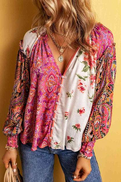 Multicolor Floral Notched Neck Lantern Sleeve Blouse (BFD) T - Deals DejaVu