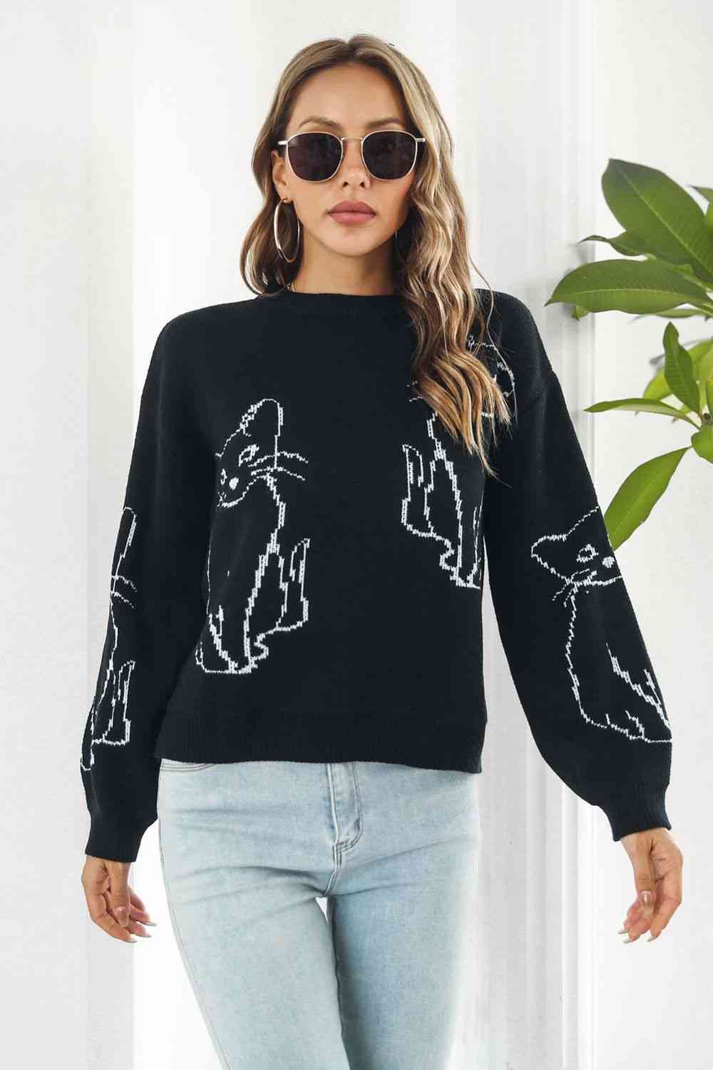 Cat Pattern Round Neck Long Sleeve Pullover Sweater - Deals DejaVu