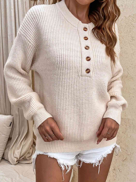 Round Neck Ribbed Button-Down Sweater