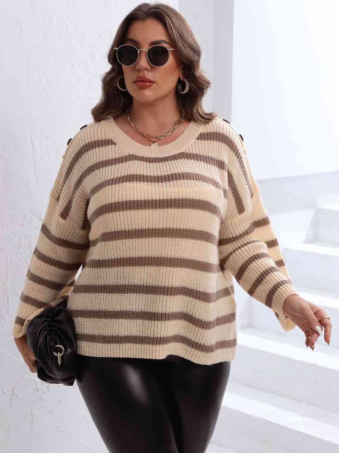 Plus Size Striped Dropped Shoulder Sweater - Deals DejaVu