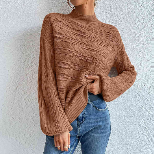 Cable-Knit Mock Neck Long Sleeve Sweater - Deals DejaVu