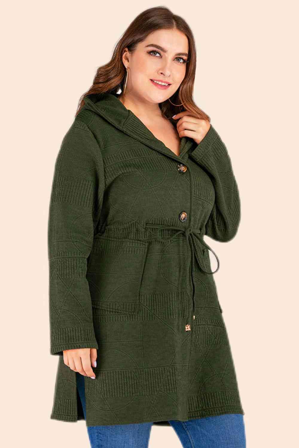 Plus Size Drawstring Waist Hooded Cardigan with Pockets - Deals DejaVu