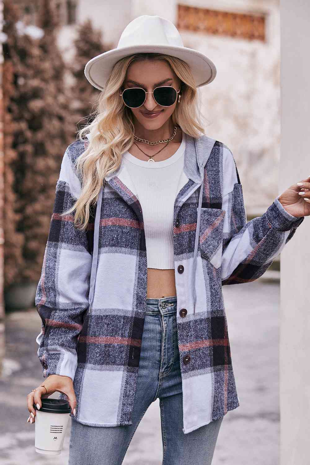 Plaid Dropped Shoulder Hooded Jacket (BFD) T - Deals DejaVu