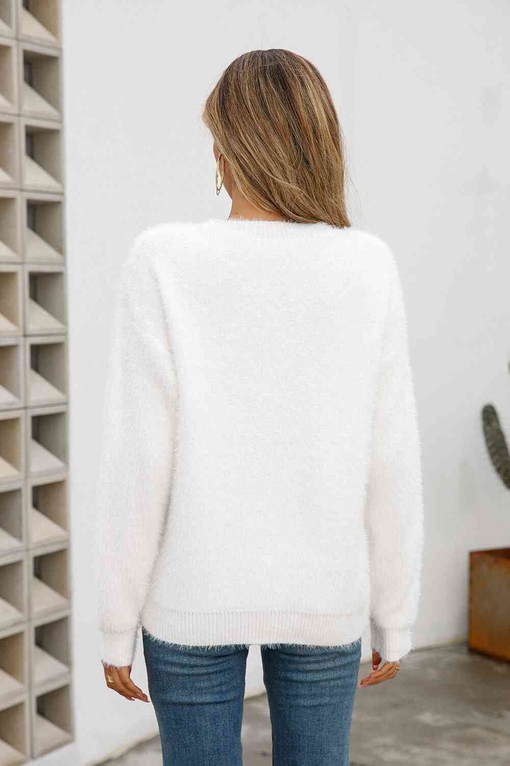 Dropped Shoulder Round Neck Fuzzy Sweater - Deals DejaVu