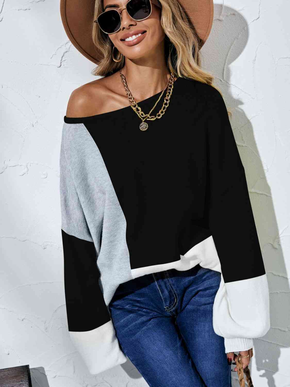 Color Block Balloon Sleeve Boat Neck Sweater - Deals DejaVu