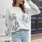 Cat Pattern Round Neck Long Sleeve Pullover Sweater - Deals DejaVu