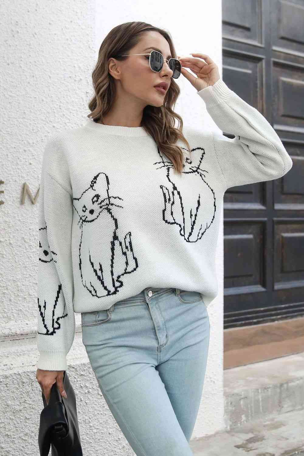 Cat Pattern Round Neck Long Sleeve Pullover Sweater - Deals DejaVu