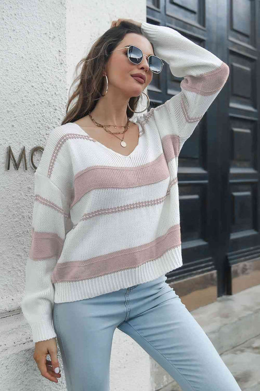 Striped V-Neck Drop Shoulder Sweater - Deals DejaVu