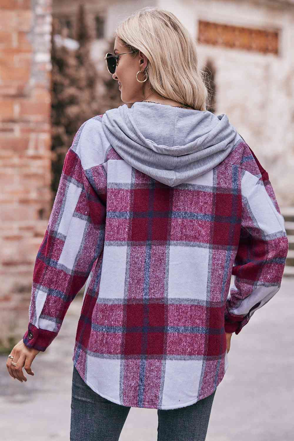 Plaid Dropped Shoulder Hooded Jacket (BFD) T - Deals DejaVu