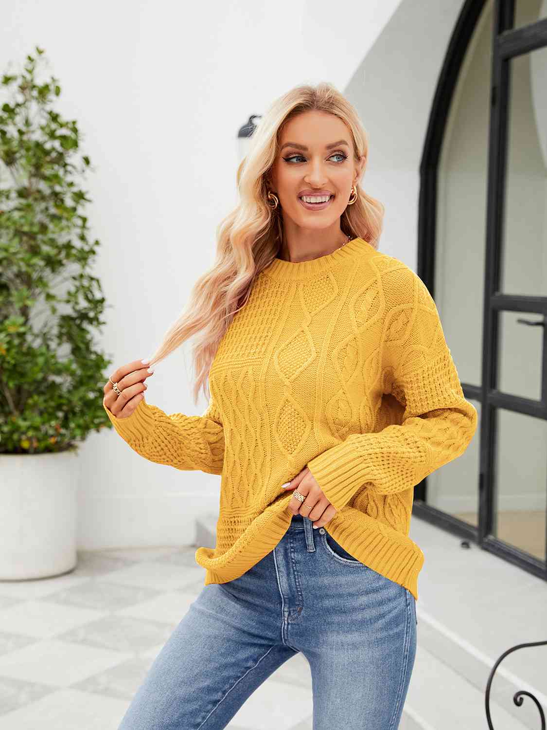 Round Neck Dropped Shoulder Sweater - Deals DejaVu