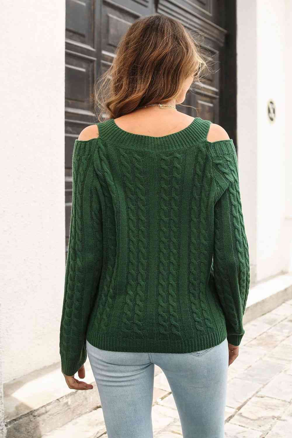 Cold Shoulder V-Neck Cable-Knit Pullover Sweater - Deals DejaVu