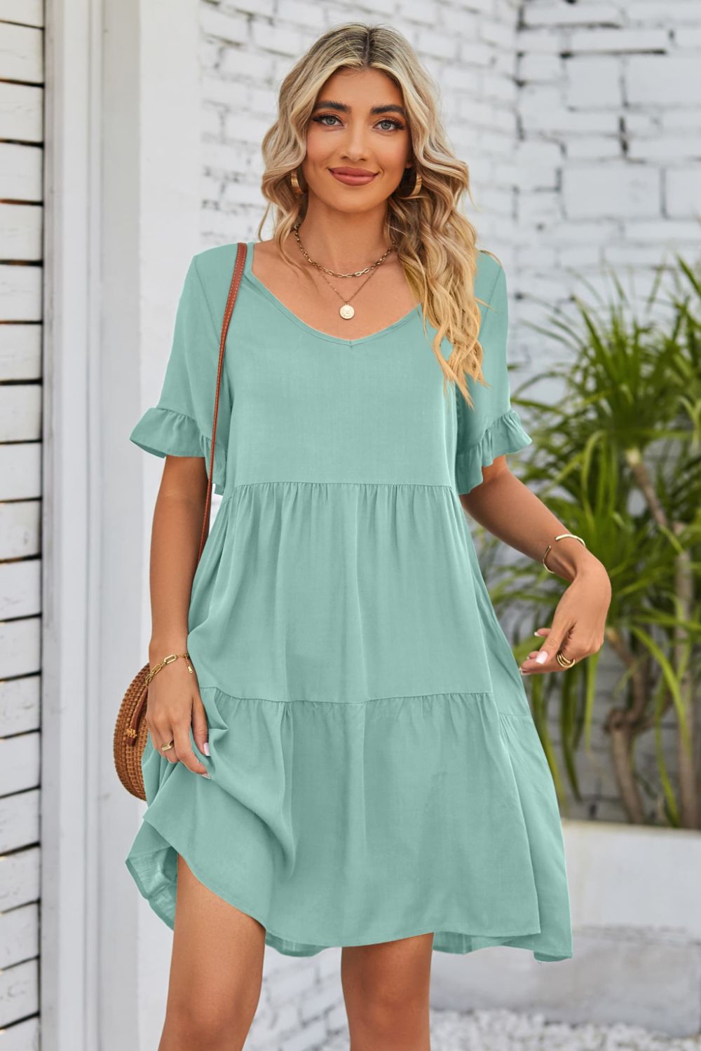 V-Neck Flounce Sleeve Tiered Dress (BWD)(WS06)T - Deals DejaVu