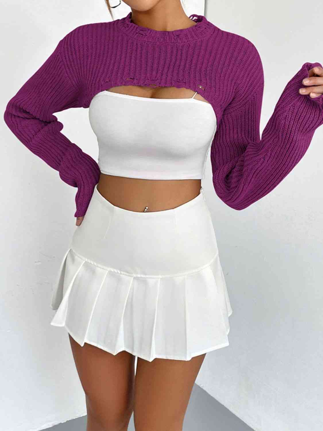 Distressed Long Sleeve Cropped Sweater - Deals DejaVu