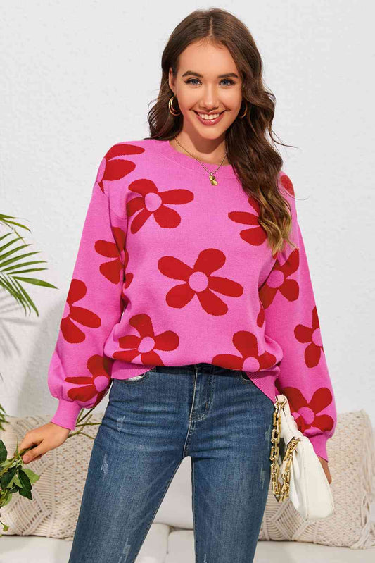 Floral Print Round Neck Dropped Shoulder Sweater - Deals DejaVu