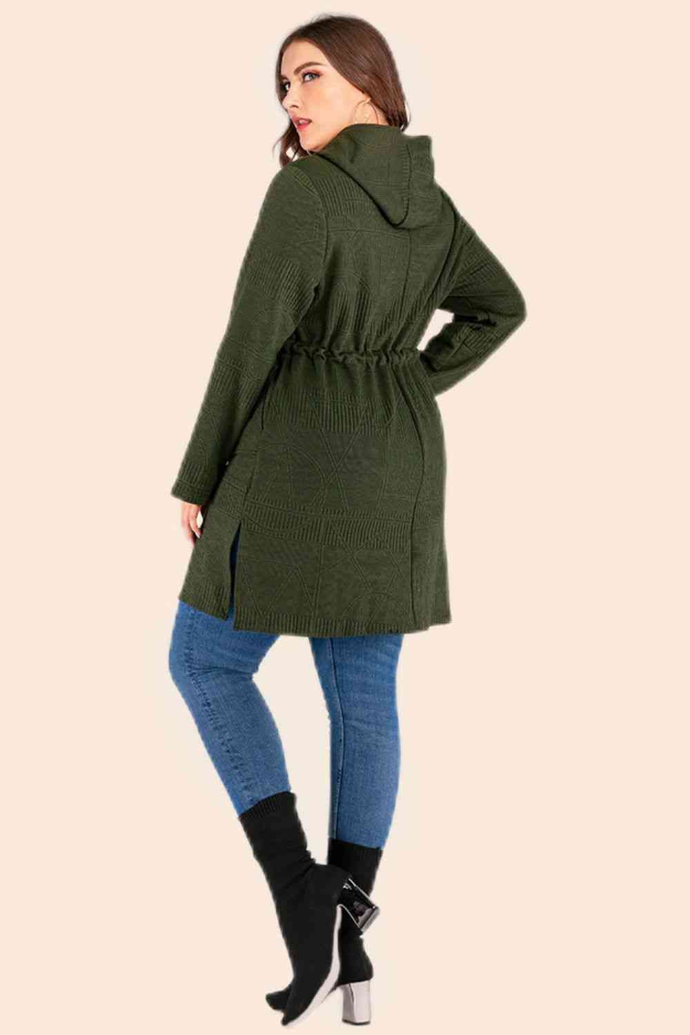 Plus Size Drawstring Waist Hooded Cardigan with Pockets - Deals DejaVu