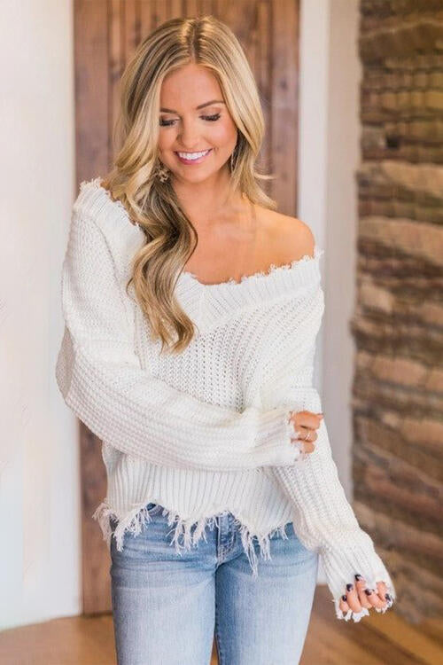 Frayed Hem Dropped Shoulder Sweater - Deals DejaVu