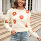 Flower Pattern Round Neck Short Sleeve Pullover Sweater