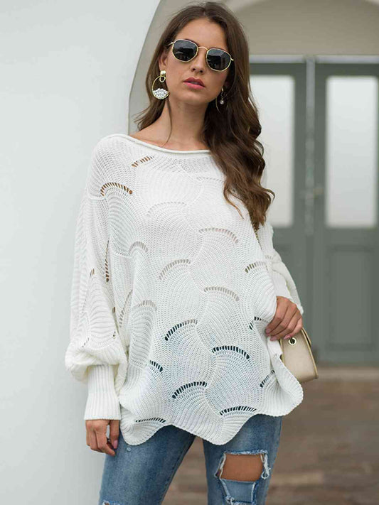 Full Size Boat Neck Lantern Sleeve Openwork Knit Top - Deals DejaVu