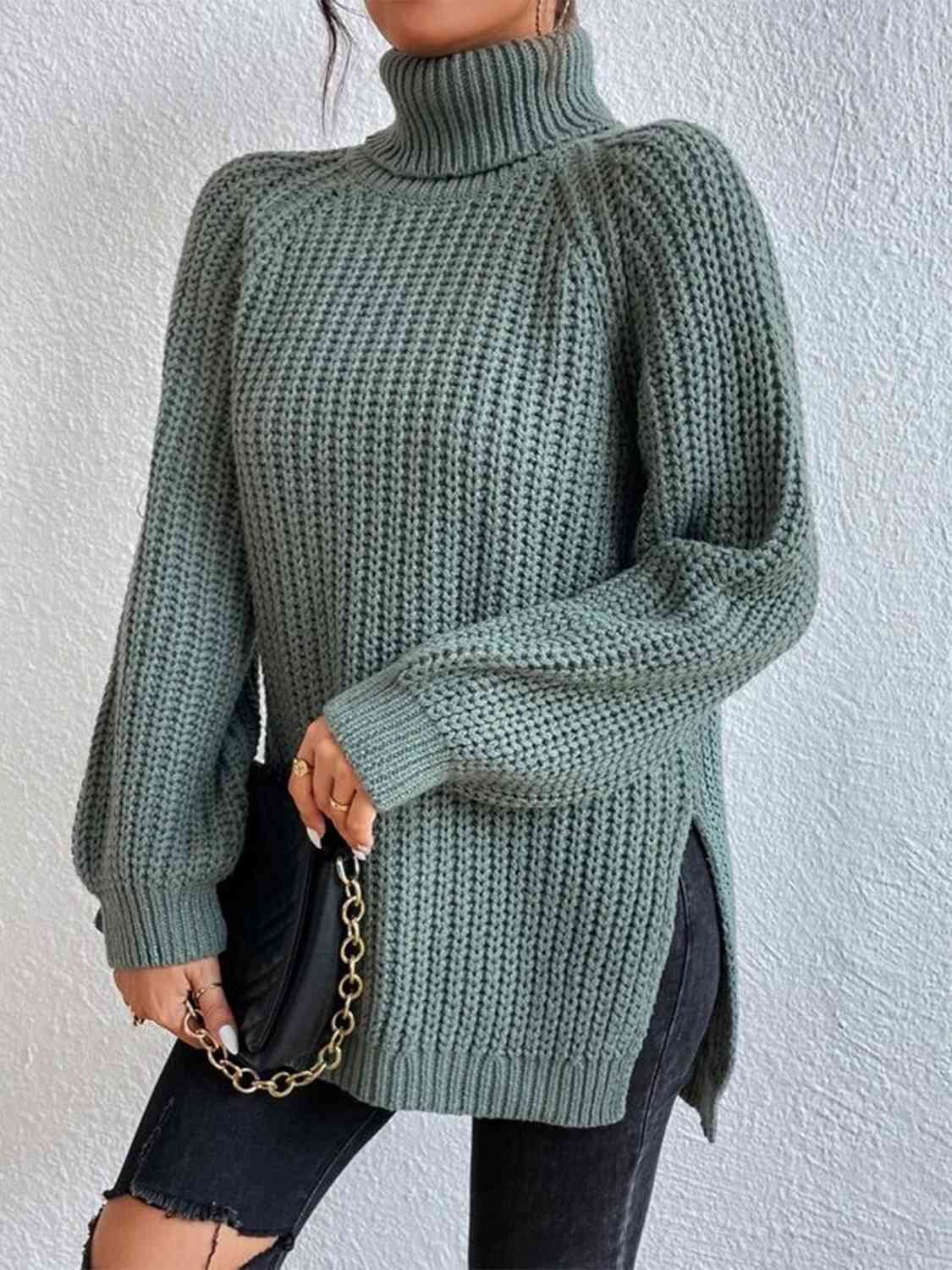 Full Size Turtleneck Rib-Knit Slit Sweater - Deals DejaVu