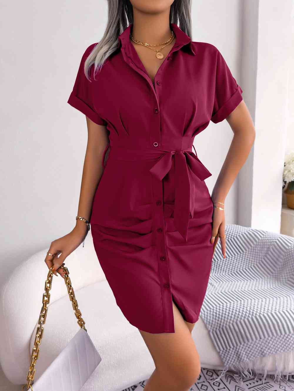 Button Down Ruched Tie Belt Dress (MWBT) T - Deals DejaVu