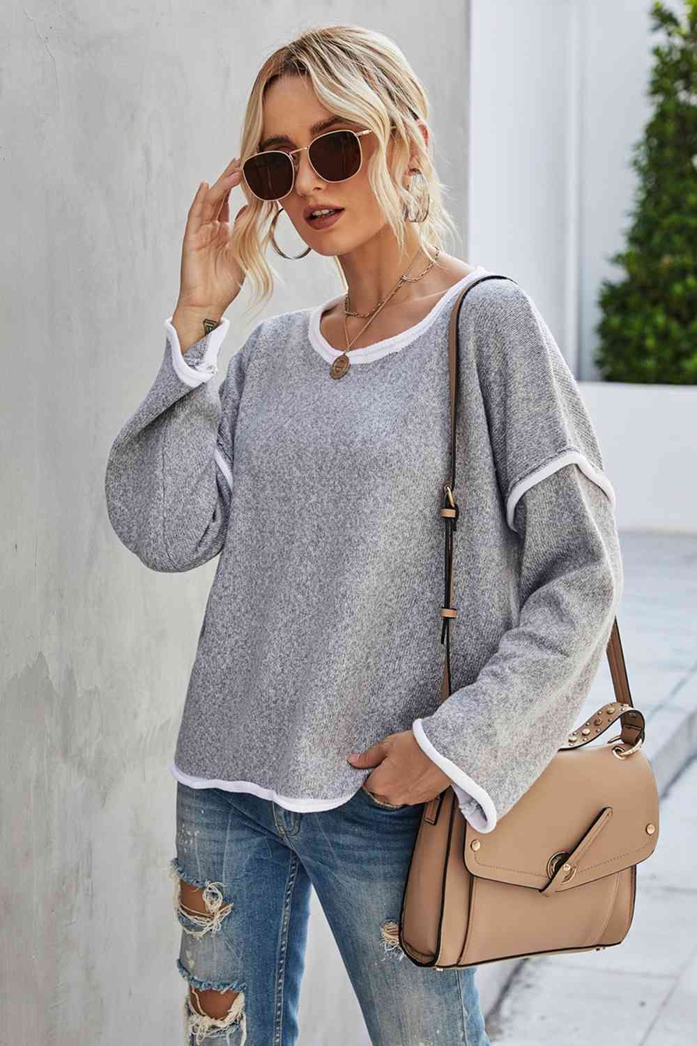 Round Neck Dropped Shoulder Sweater - Deals DejaVu