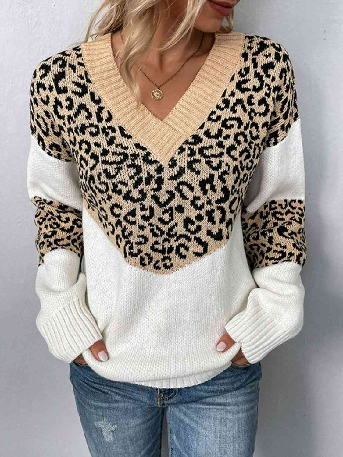 Leopard V-Neck Dropped Shoulder Sweater - Deals DejaVu